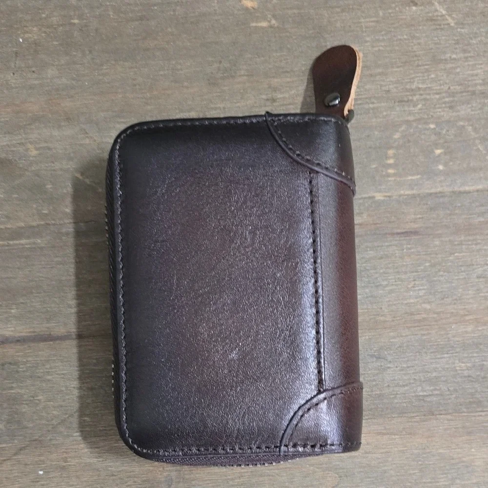 Geruola‎ Brown Leather Accordion Zip 20+ Credit Card Holder mini wallet KOREA